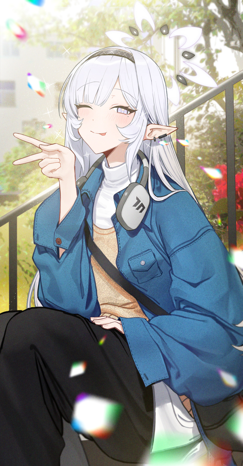 1girl ;p absurdres alternate_costume black_hairband black_pants blue_archive blue_jacket blurry casual commentary_request day depth_of_field ear_piercing earclip hairband halo hand_up headphones headphones_around_neck highres himari_(blue_archive) jacket long_hair long_sleeves looking_at_viewer one_eye_closed outdoors pants piercing pointy_ears shirt sitting sleeves_past_wrists solo tongue tongue_out turtleneck v violet_eyes white_hair white_halo white_shirt zanya_000