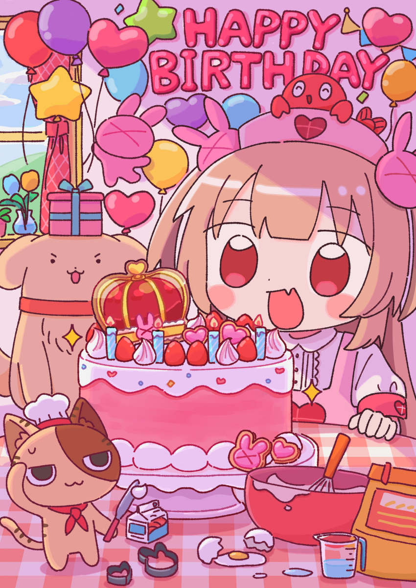&gt;_&lt; 1girl 1nupool :d absurdres apron balloon birthday_cake blonde_hair bowl box cake cat center_frills chef_hat collared_dress commentary_request cracked_egg crown dog dress fang flower food frills gift gift_box hair_ornament happy_birthday hat heart heart_print highres indoors knife long_hair mixing_bowl natori_sana nurse_cap open_mouth pink_apron pink_headwear puffy_short_sleeves puffy_sleeves rabbit_hair_ornament red_eyes sana_channel short_sleeves skin_fang smile solo standing sweatdrop table tulip two_side_up upper_body v-shaped_eyebrows vase virtual_youtuber whisk white_dress window