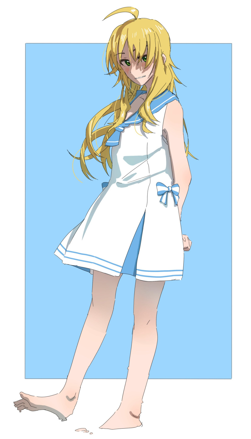 absurdres ahoge arms_behind_back ascot bare_shoulders barefoot blonde_hair blue_ascot blue_background blue_bow blue_sailor_collar border bow collarbone dress epitaph_(1122) green_eyes grin highres hoshii_miki idolmaster idolmaster_(classic) idolmaster_million_live! idolmaster_million_live!_theater_days light_blush long_hair looking_at_viewer messy_hair outside_border sailor_collar sailor_dress simple_background sketch smile white_border white_dress