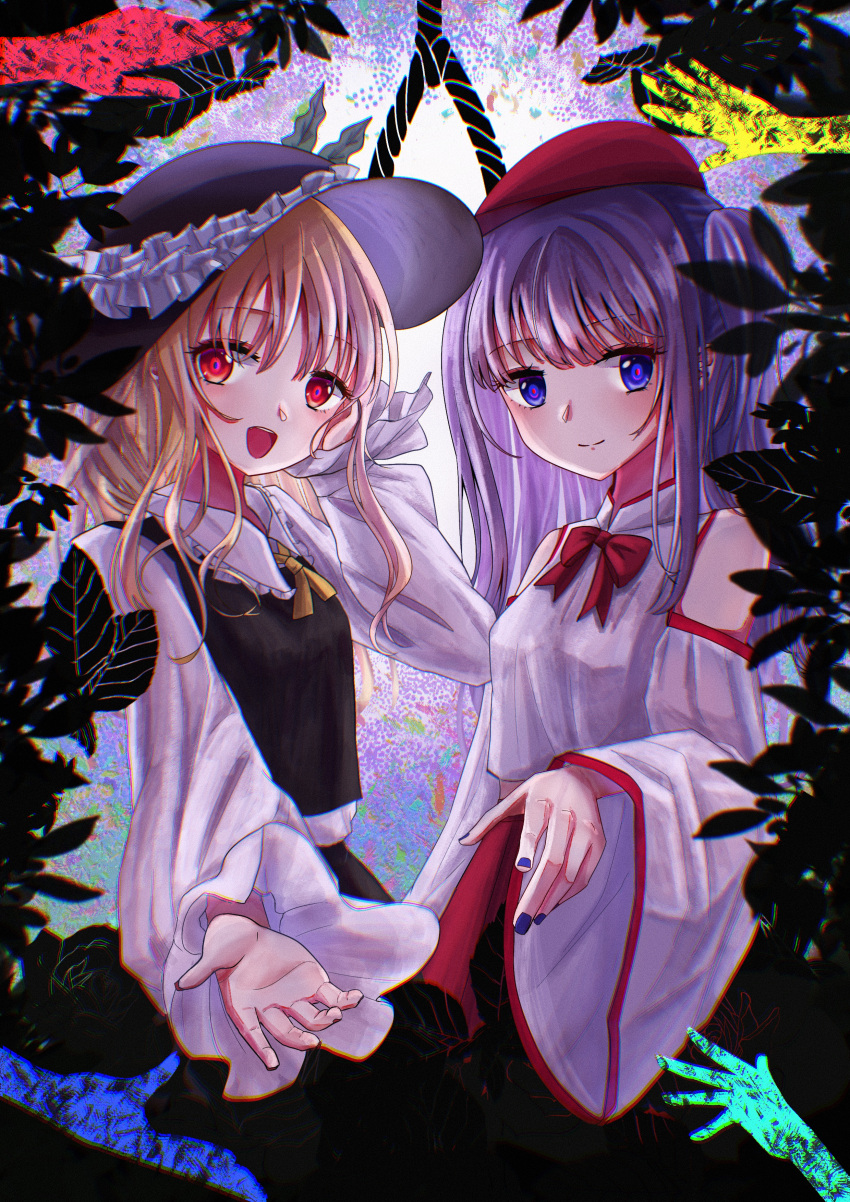 2girls absurdres aliceelysion111 ascot bare_shoulders black_headwear black_skirt black_vest blonde_hair blue_eyes blue_nails bow bowtie cabbie_hat closed_mouth collared_shirt commentary detached_sleeves dolls_in_pseudo_paradise eyelashes frilled_hat frilled_shirt_collar frilled_sleeves frills hand_on_own_head hat hat_feather highres jacket_girl_(dipp) label_girl_(dipp) leaf long_hair long_sleeves looking_at_viewer medium_hair multiple_girls nail_polish noose one_side_up open_mouth puffy_long_sleeves puffy_sleeves purple_hair reaching reaching_towards_viewer red_bow red_bowtie red_eyes red_headwear red_pupils red_skirt red_trim shirt sidelocks skirt skirt_set smile song_name teeth touhou upper_teeth_only vest wavy_hair white_shirt wide_sleeves yellow_ascot
