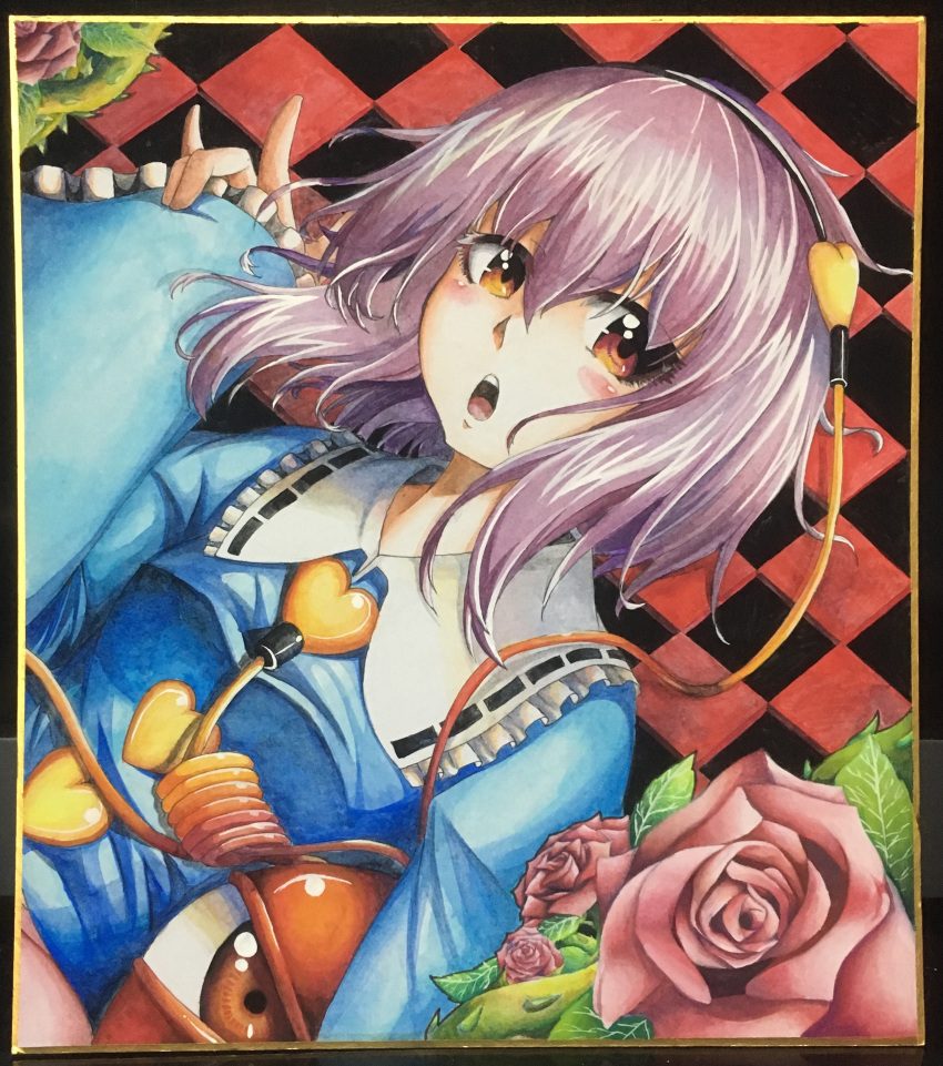 1girl 283win absurdres acrylic_paint_(medium) black_hairband blue_shirt checkered_background commentary_request flower hairband heart highres komeiji_satori leaf long_sleeves open_mouth painting_(medium) photo_(medium) pink_flower pink_rose red_eyes rose shikishi shirt solo teeth third_eye touhou traditional_media upper_body upper_teeth_only