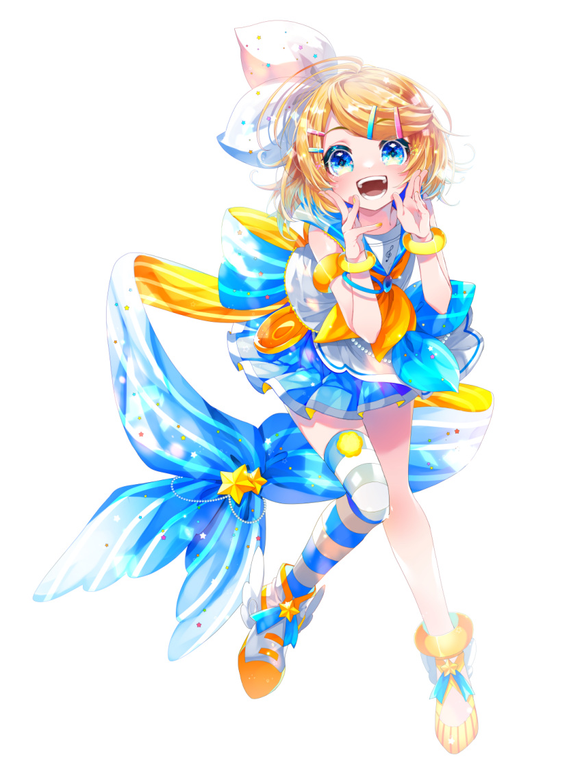 1girl :d blonde_hair blue_eyes blue_sailor_collar blue_skirt hair_ribbon hand_to_own_mouth hands_up highres kagamine_rin looking_at_viewer multiple_bracelets multiple_hairpins neckerchief open_mouth orange_neckerchief pleated_skirt ribbon sailor_collar shirayuki_towa short_hair single_thighhigh skirt smile solo striped striped_thighhighs thigh-highs vocaloid white_background white_ribbon