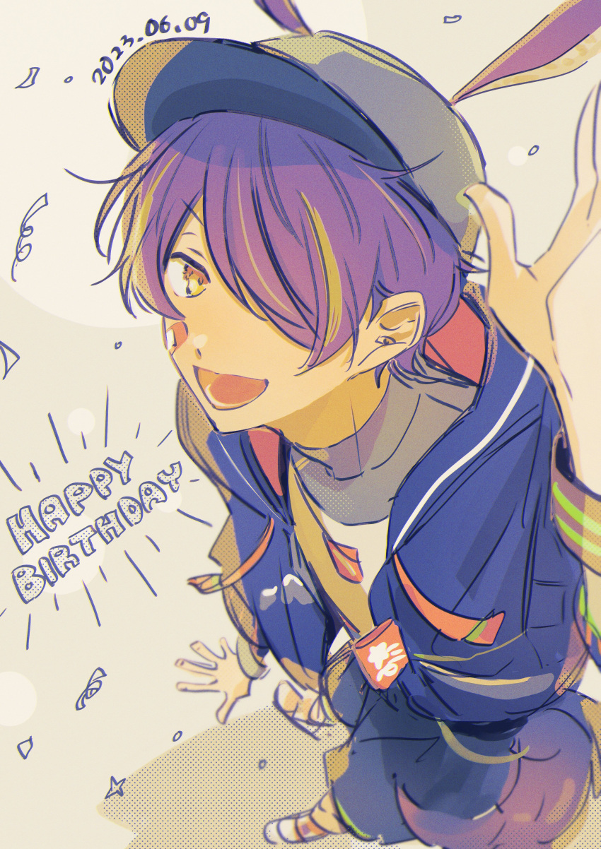 1boy absurdres animal_ears bandaid bandaid_on_face baseball_cap blonde_hair commentary_request confetti dated ensemble_stars! full_body hair_over_one_eye happy_birthday hat highres long_sleeves looking_at_viewer lower_teeth_only male_focus multicolored_hair official_alternate_costume one_eye_covered open_mouth orange_eyes purple_hair sengoku_shinobu short_hair solo star_(symbol) streaked_hair t_238_t tail teeth two-tone_hair