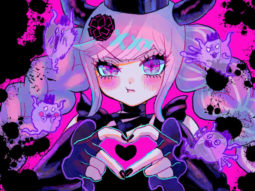 1girl bare_shoulders black_dress black_gloves black_horns black_nails blush braid crown dress fingerless_gloves gloves hair_ornament heart heart_hands highres horns long_hair looking_at_viewer master_detective_archives:_rain_code multicolored_hair nail_polish open_mouth pink_eyes pink_hair pout shinigami_(rain_code) smile solo twin_braids twintails uyu_(yumeyumepop7)