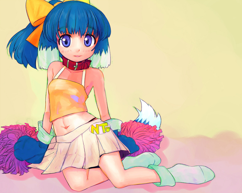 1girl animal_collar animal_ears animal_hands aqua_socks bare_shoulders blue_hair blue_tail bobby_socks bow breasts camisole collar collarbone dog_ears dog_girl dog_tail floppy_ears gloves hair_bow highres inu-t looking_at_viewer medium_hair miniskirt multicolored_tail navel nt-tan open_mouth os-tan paw_gloves pleated_skirt pom_pom_(cheerleading) ponytail red_collar sitting skirt small_breasts smile socks solo tail tsukiyono_aroe violet_eyes white_skirt white_tail yellow_bow yellow_camisole yokozuwari