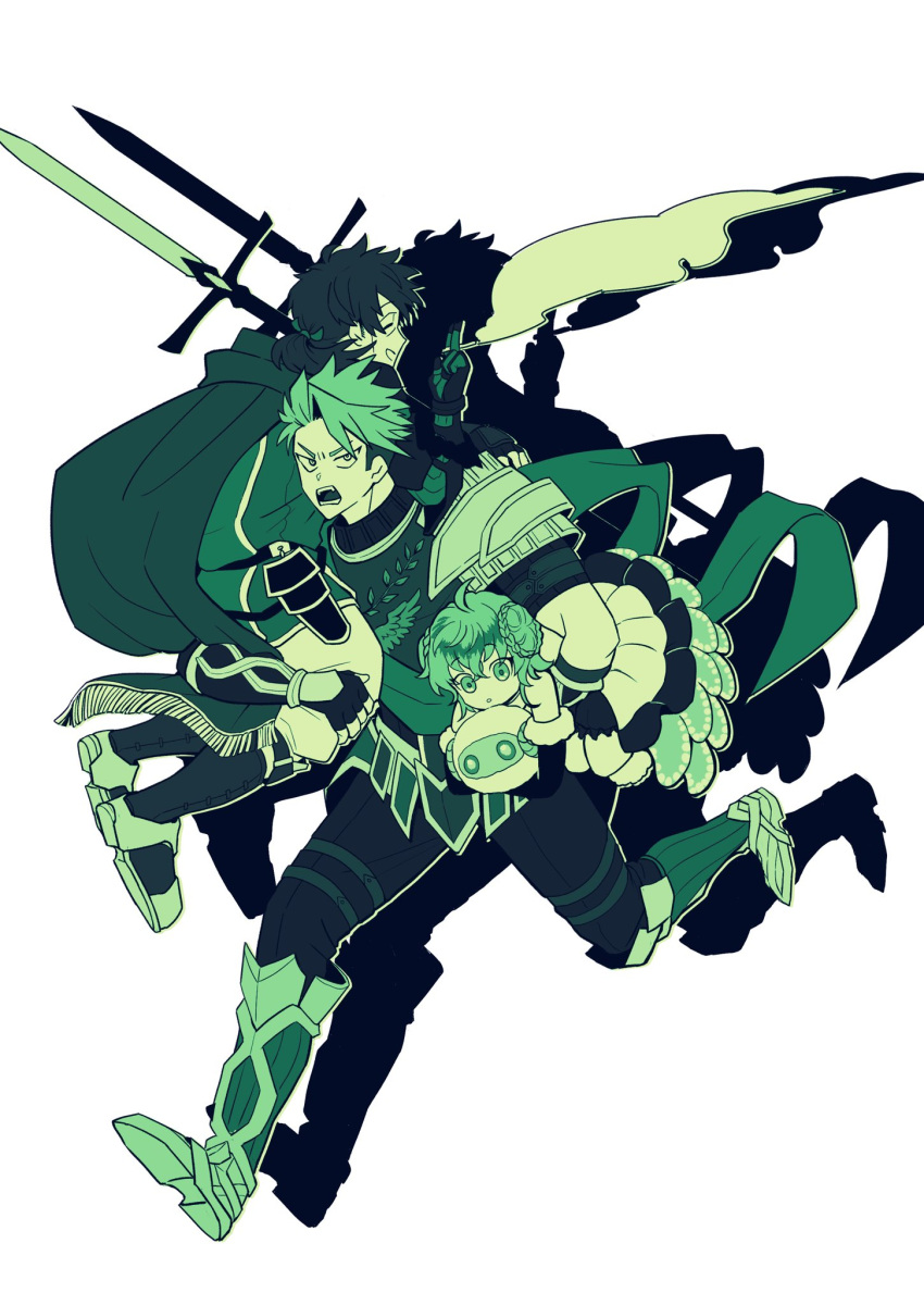 3boys achilles_(fate) ahoge animal annoyed apollo_(fate) armor between_fingers boots braid cape carrying carrying_over_shoulder carrying_person carrying_under_arm cigarette closed_eyes closed_mouth crossed_bangs detached_sleeves drop_shadow fate/grand_order fate_(series) fingerless_gloves gauntlets gloves green_theme haruto_(hit23ewluvnpfo6) hector_(fate) highres holding holding_animal holding_cigarette holding_polearm holding_sheep holding_weapon male_focus multiple_boys no_nose open_mouth pants paris_(fate) polearm sheep short_hair sideburns simple_background smoke spear teeth tunic undercut weapon white_background