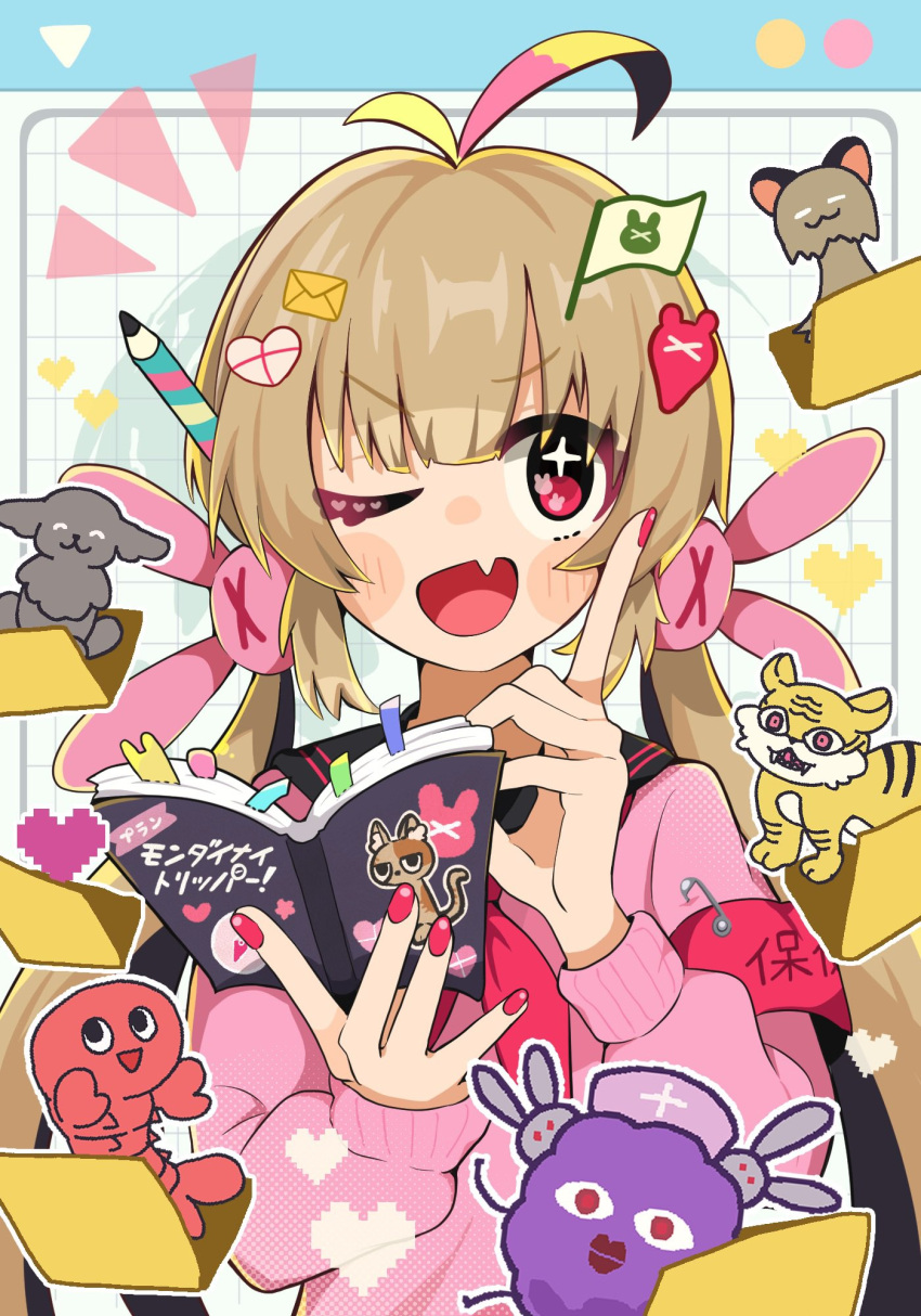 &gt;_&lt; 1girl ;d ahoge armband blonde_hair blush book bookmark cat commentary_request dog envelope fang folder hair_ornament hands_up heart highres holding holding_book index_finger_raised long_hair long_sleeves low_twintails nail_polish natori_sana official_alternate_costume one_eye_closed open_book open_mouth pencil pixel_heart rabbit_hair_ornament red_armband red_eyes red_nails safety_pin sana_channel shrimp smile solo taoru_(towtowru) twintails upper_body v-shaped_eyebrows virtual_youtuber