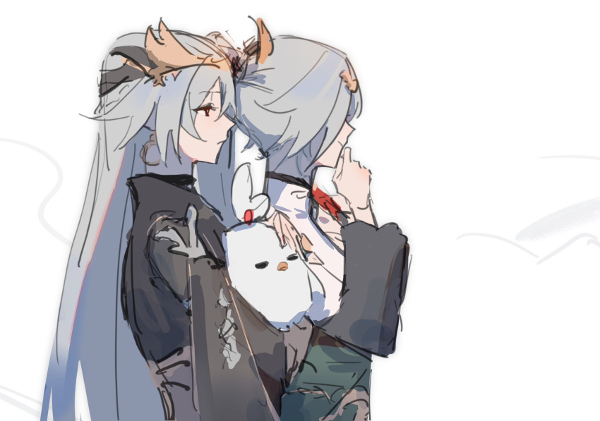 2girls :| animal bird chinese_clothes closed_mouth dual_persona earrings english_commentary expressionless fu_hua fu_hua_(azure_empyrea) fu_hua_(herrscher_of_sentience) grey_hair highres holding holding_animal honkai_(series) honkai_impact_3rd jewelry long_hair mandarin_collar mii_(mii_10297) multiple_girls ponytail red_eyes simple_background sketch smile upper_body white_background