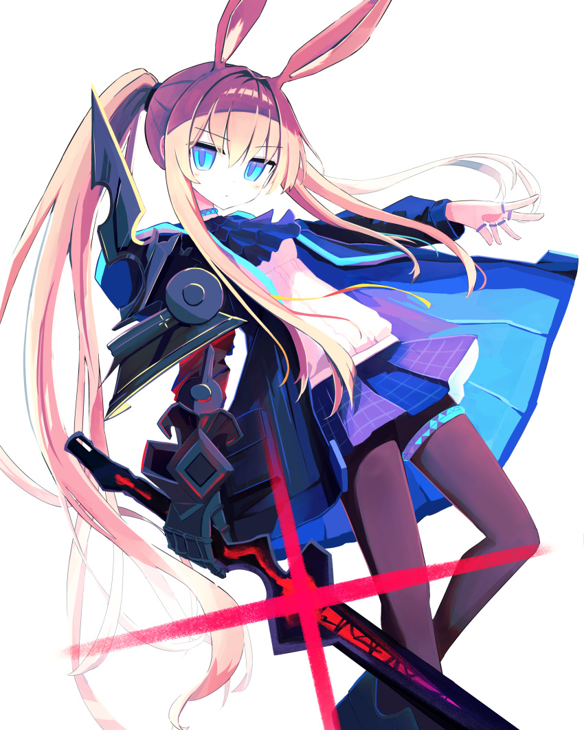 1girl absurdres amiya_(arknights) animal_ears arknights ascot black_coat black_pantyhose blue_ascot blue_eyes blue_skirt brown_hair coat extra_ears hand_up highres holding holding_sword holding_weapon jewelry long_hair looking_at_viewer mechanical_arms neck_ring neumo_(_neumo_) open_clothes open_coat pantyhose plaid plaid_skirt ponytail rabbit_ears rabbit_girl shirt sidelocks simple_background single_mechanical_arm skirt solo sword thigh_ring two-sided_coat very_long_hair weapon white_background white_shirt