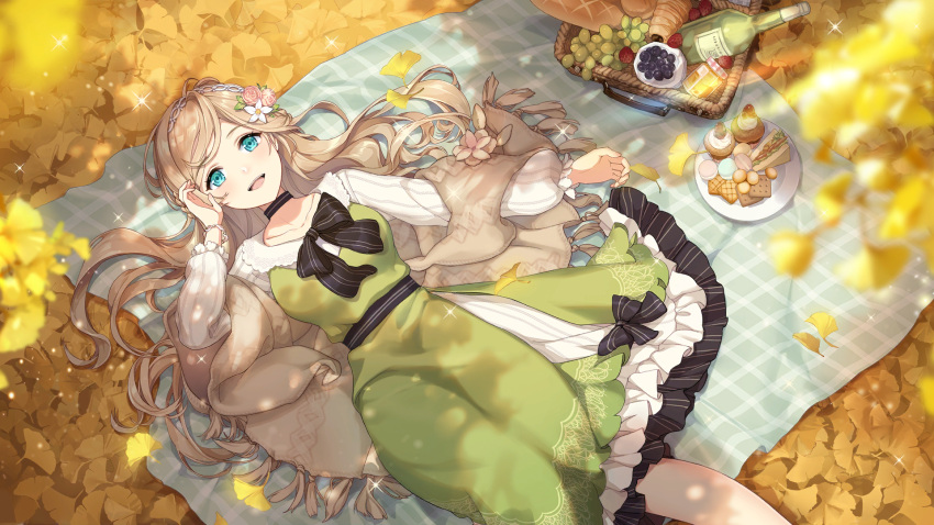 1girl :d adjusting_hair alcohol autumn autumn_leaves black_bow black_choker blanket blonde_hair blue_eyes blurry blurry_foreground blush bow branch bread brown_capelet cake capelet choker cookie dappled_sunlight day dress dress_bow falling_leaves feet_out_of_frame flower food frilled_dress frills from_above fruit ginkgo_leaf ginkgo_tree girl_cafe_gun grainne_draser_(girl_cafe_gun) grapes green_dress hair_flower hair_ornament hairband hand_up highres jam leaf long_hair looking_at_viewer lying macaron medium_dress on_back picnic picnic_basket pink_flower pink_rose plaid_blanket plate rose sandwich smile solo sparkle strawberry sunlight swept_bangs tassel tree_shade white_flower white_hairband white_sleeves