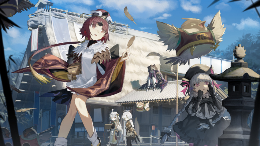 5girls ahoge apron architecture bandaged_arm bandages benienma_(fate) bird bird_hat black_cloak black_dress black_gloves black_headwear black_panties black_thighhighs blue_sky braid brown_kimono building capelet cloak day doll_joints dress east_asian_architecture elbow_gloves fate/grand_order fate_(series) gloves gothic_lolita green_ribbon grey_hair hat headpiece highres hood hood_up hooded_cloak jack_the_ripper_(fate/apocrypha) japanese_clothes jeanne_d'arc_alter_santa_lily_(fate) joints kimono lolita_fashion long_hair low_ponytail medusa_(fate) medusa_(lancer)_(fate) multiple_girls newflame nursery_rhyme_(fate) ohitsu outdoors panties parted_bangs purple_hair red_eyes redhead ribbon shoulder_tattoo sitting sky standing striped striped_ribbon tattoo thigh-highs twin_braids underwear very_long_hair violet_eyes white_apron white_capelet white_hair white_thighhighs wide_sleeves yellow_eyes