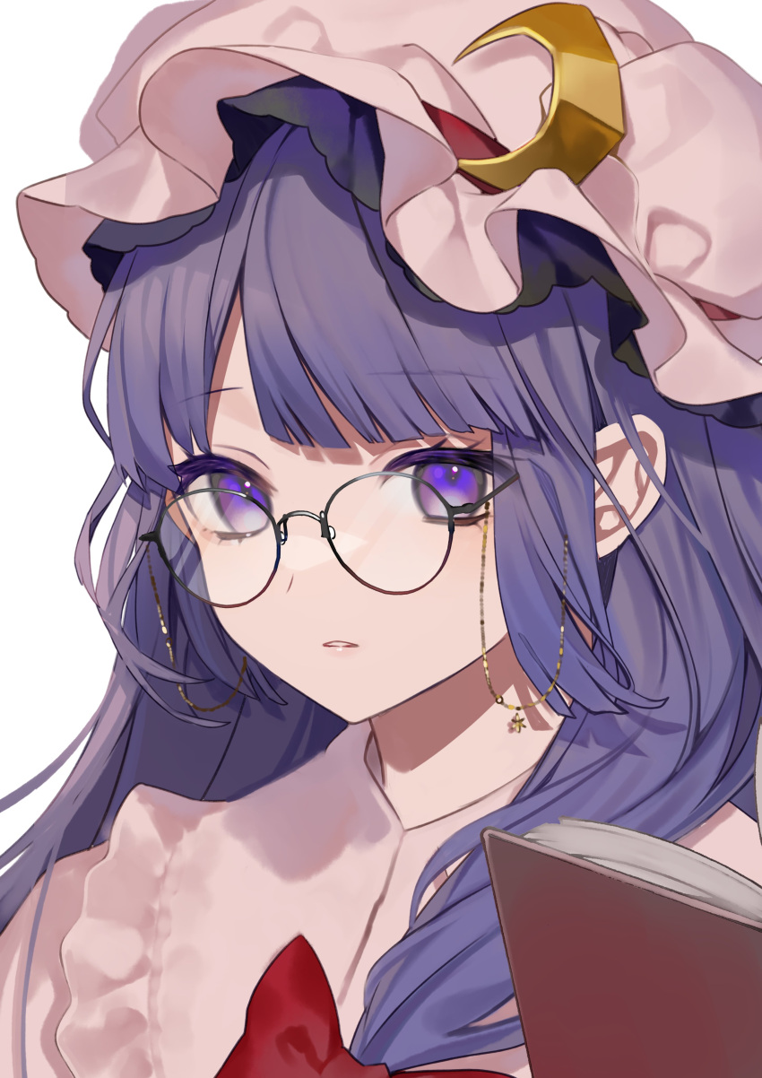 1girl absurdres bespectacled blunt_bangs book bow capelet crescent crescent_hat_ornament daimaou_ruaeru glasses hat hat_ornament highres long_hair looking_at_viewer mob_cap open_book patchouli_knowledge purple_hair red_bow round_eyewear simple_background solo touhou upper_body violet_eyes white_background