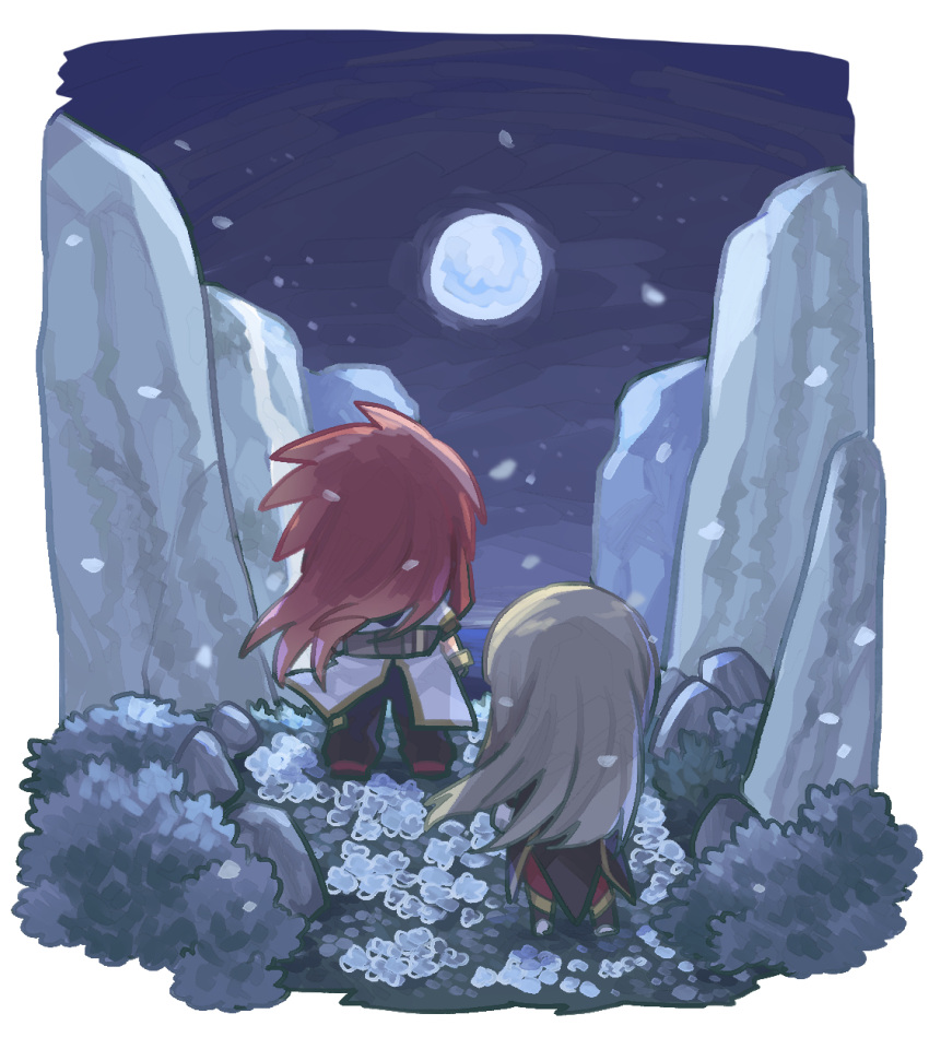 1boy 1girl black_pants boots brown_dress brown_footwear brown_hair chibi commentary_request dress falling_petals field floating_hair flower flower_field from_behind full_body full_moon gloves highres horizon jacket long_hair luke_fon_fabre mikan_tabetai moon mountain night night_sky ocean pants petals red_footwear red_thighhighs redhead rock short_sleeves sky standing tales_of_(series) tales_of_the_abyss tear_grants thigh-highs weapon weapon_on_back white_flower white_jacket