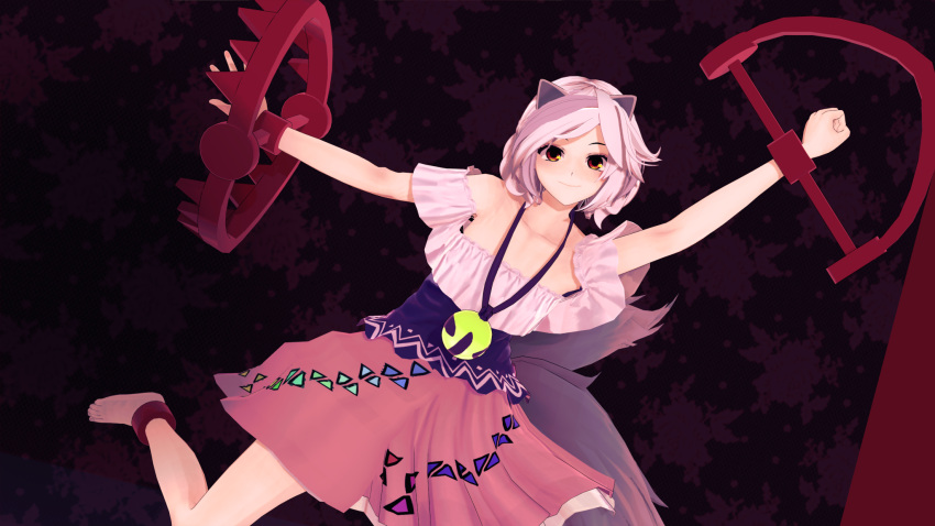 1girl animal_ears ankle_cuffs barefoot bell clenched_hand commentary_request dog_ears dog_tail foothold_trap highres jewelry jingle_bell koikatsu_(medium) mitsugashira_enoko multiple_tails necklace off-shoulder_shirt off_shoulder pink_skirt purple_shirt red_eyes shirt short_sleeves skirt solo swept_bangs tail touhou unfinished_dream_of_all_living_ghost user_vjsx5348 white_hair