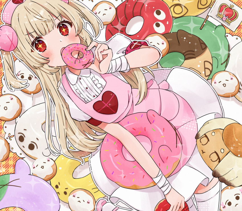 &gt;_&lt; 1girl apron armband bandaged_wrist bandages blonde_hair blush center_frills collared_dress commentary_request doughnut dress eating flag food frills hachimiya_mumu hair_ornament hat heart heart_print highres holding holding_food long_hair looking_at_viewer natori_sana nurse_cap open_mouth outline pink_apron pink_headwear puffy_short_sleeves puffy_sleeves rabbit_hair_ornament red_armband red_eyes safety_pin sana_channel short_sleeves solo sparkle sparkling_eyes thigh-highs two_side_up virtual_youtuber white_dress white_outline white_thighhighs