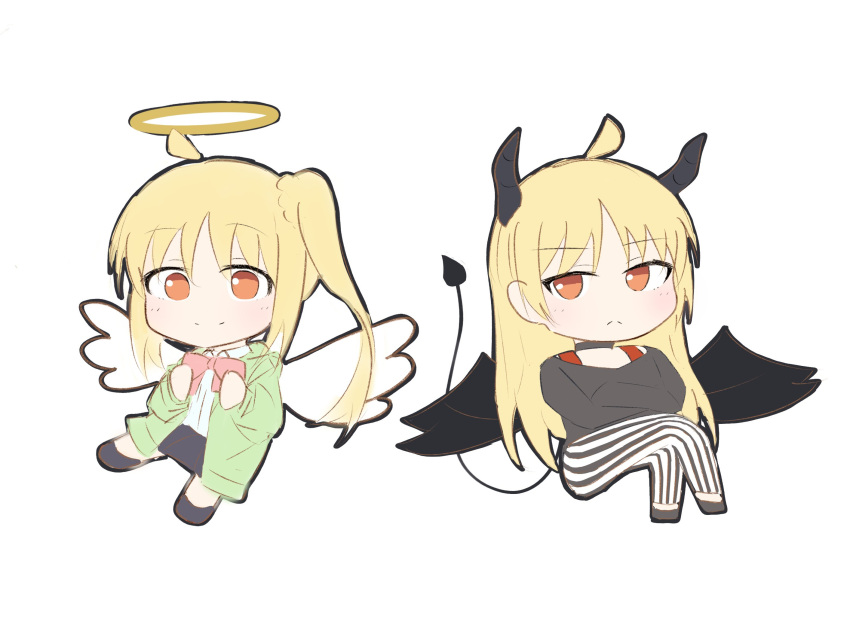 2girls ahoge angel_wings black_choker black_footwear black_pants black_shirt black_skirt blonde_hair bocchi_the_rock! bow bowtie chibi choker commentary crossed_arms demon_horns demon_tail demon_wings frown green_jacket halo highres horns ijichi_nijika ijichi_seika jacket long_hair multiple_girls nage372 open_clothes open_jacket pants red_bow red_eyes shirt siblings simple_background sisters skirt smile striped striped_pants tail vertical-striped_pants vertical_stripes white_background white_pants white_shirt wings