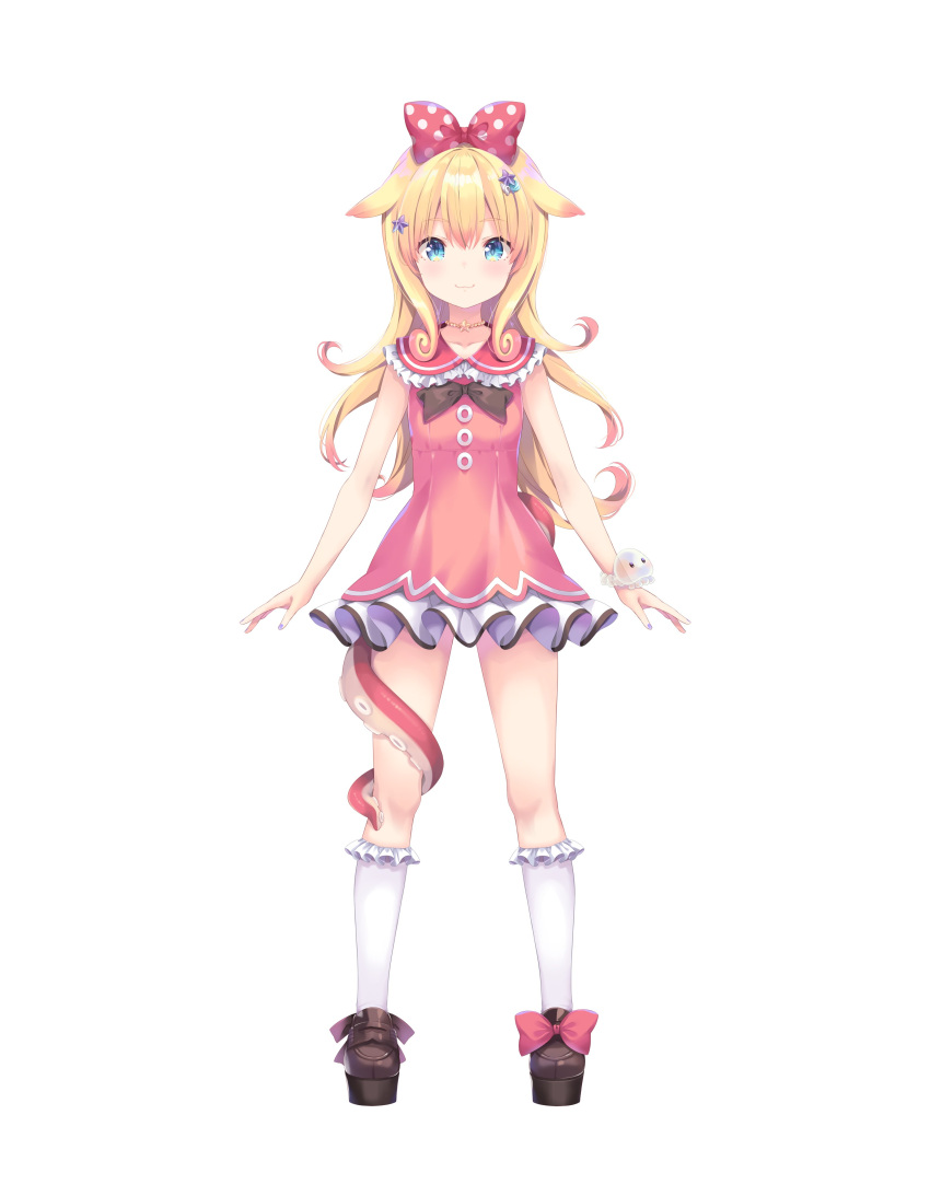 1girl absurdres artist_request blonde_hair blue_eyes bow brown_footwear choker collarbone colored_tips curly_hair dress footwear_bow frilled_dress frilled_sailor_collar frilled_socks frills full_body hair_bow hair_ornament highres idol_corp kneehighs long_hair momo_otako multicolored_hair official_art pink_bow pink_dress pink_hair pink_sailor_collar polka_dot polka_dot_bow purple_nails sailor_collar sleeveless sleeveless_dress socks solo star_(symbol) star_choker star_hair_ornament tentacles two-tone_bow white_socks