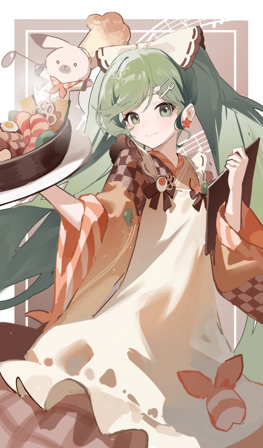1girl absurdres apron border bow bowl brown_bow chef_hat commentary earrings food fork_hair_ornament green_eyes green_hair green_pepper hair_ornament hairclip hardboiled_egg hat hatsune_miku highres holding holding_menu holding_plate japanese_clothes jewelry jiu_ye_sang kimono long_hair menu plate red_background simple_background soup_ladle spoon_hair_ornament star_(symbol) star_earrings vocaloid white_apron white_background yuki_miku yuki_miku_(2024)