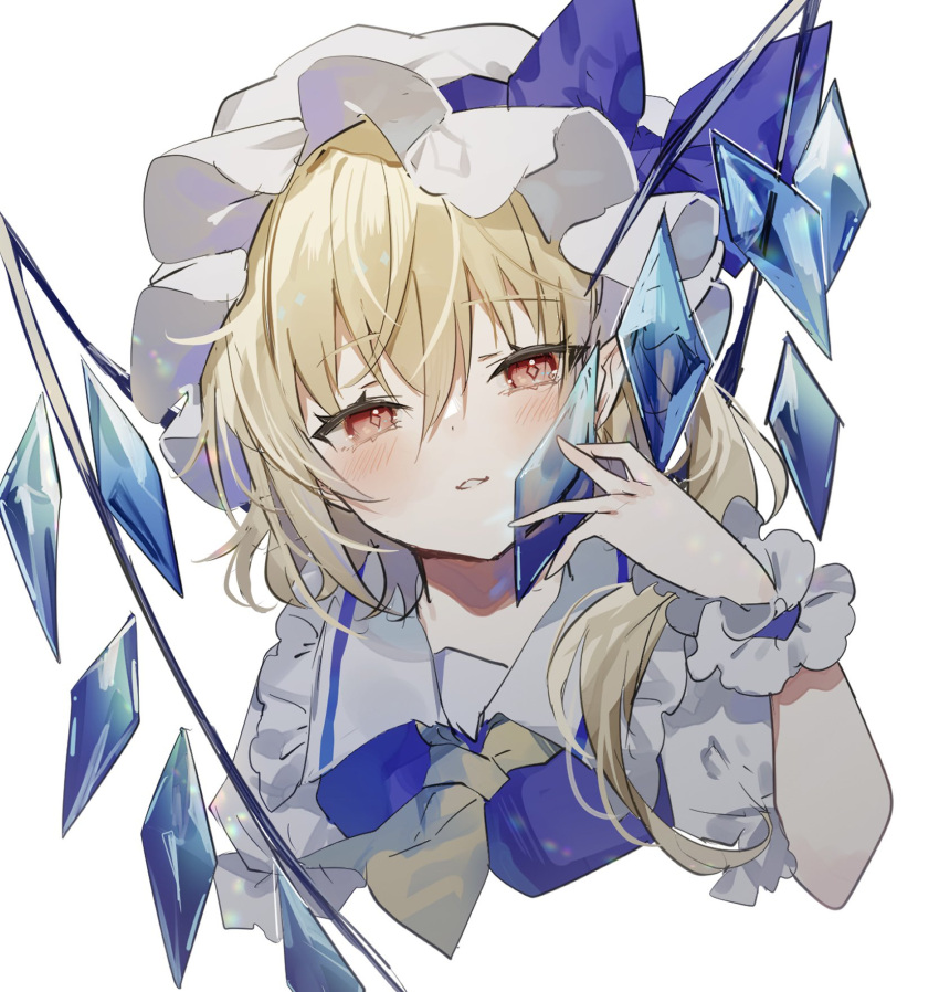 1girl ascot blonde_hair blue_vest blush collared_shirt commentary crystal english_commentary flandre_scarlet frilled_shirt_collar frills hair_between_eyes hat highres long_hair looking_at_viewer mob_cap open_mouth red_eyes shirt short_sleeves simple_background solo sorani_(kaeru0768) touhou upper_body vest white_background white_headwear white_shirt wings wrist_cuffs yellow_ascot