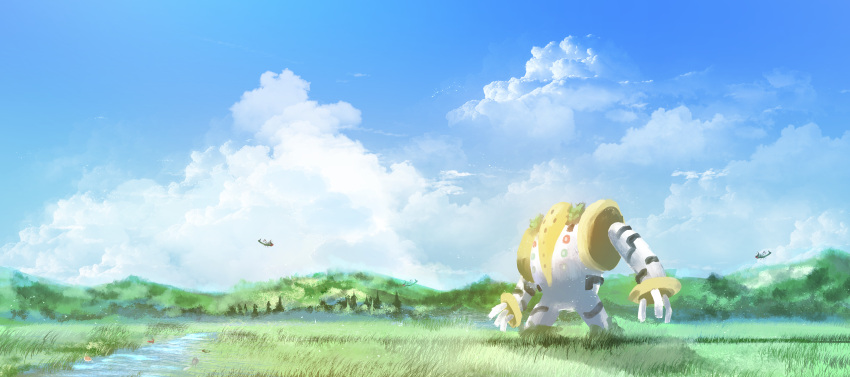 absurdres asaki_(asaki_vision) clouds commentary_request day grass highres hill no_humans outdoors pokemon pokemon_(creature) poliwag regigigas river scenery size_difference sky squirtle standing water yanmega