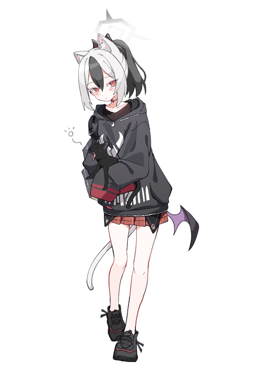 1girl animal animal_ears bare_legs black_cat black_footwear black_hoodie black_horns blue_archive blush cat cat_ears cat_tail closed_mouth commentary demon_horns full_body hair_between_eyes highres holding holding_animal holding_cat hood hood_down hoodie horns kayoko_(blue_archive) kemonomimi_mode looking_at_viewer low_wings medium_hair miniskirt mole multicolored_hair ponytail red_eyes red_skirt sentouryoku_5 simple_background single_wing skirt sleeves_past_fingers sleeves_past_wrists solo tail two-tone_hair white_background white_tail wings