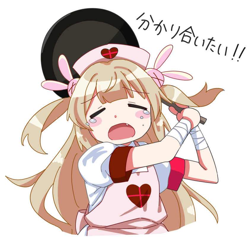 &gt;_&lt; 1girl apron bandaged_arm bandaged_wrist bandages blonde_hair blush closed_eyes commentary_request crying dress facing_viewer frying_pan hair_ornament hands_up hat heart heart_print highres holding holding_frying_pan long_hair natori_sana nurse_cap open_mouth pink_apron pink_headwear puffy_short_sleeves puffy_sleeves rabbit_hair_ornament sana_channel sanz_zzz short_sleeves simple_background solo swinging tears translation_request two_side_up upper_body virtual_youtuber white_background white_dress