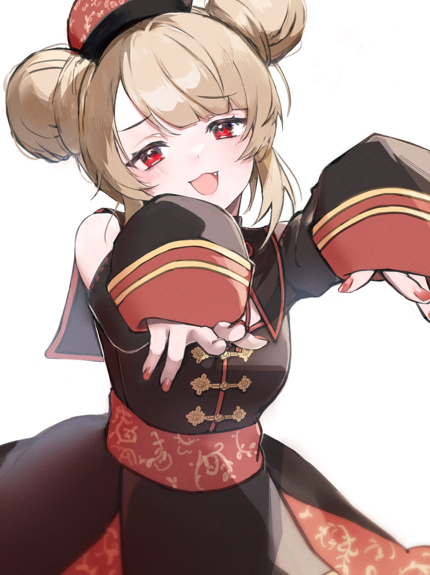 1girl :3 :d black_dress black_sleeves blonde_hair blush breasts chinese_clothes commentary_request detached_sleeves double_bun dress fang hair_bun hanei_shiro hat highres jiangshi_costume looking_at_viewer medium_breasts natori_sana official_alternate_costume open_mouth outstretched_arms qing_guanmao red_eyes red_nails sana_channel short_hair simple_background smile solo virtual_youtuber white_background wide_sleeves zombie_pose