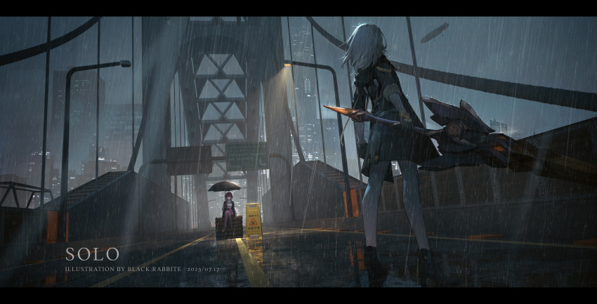 2girls absurdres artist_name black_gloves black_jacket boots breasts bridge building chest_harness city city_lights cityscape collared_shirt crossed_legs dark_skin dated eyewear_on_head from_behind gloves grey_hair hair_between_eyes harness high-waist_shorts high_heels highres holding holding_umbrella holding_weapon honkai:_star_rail honkai_(series) jacket kafka_(honkai:_star_rail) lamppost large_breasts light long_hair long_sleeves looking_at_another medium_hair multiple_girls nfnj3882 night outdoors pantyhose pantyhose_under_shorts purple_gloves purple_hair purple_pantyhose rain round_eyewear shirt short_sleeves shorts sidelocks single_thigh_boot sitting sky standing stelle_(honkai:_star_rail) thigh_boots trailblazer_(honkai:_star_rail) umbrella violet_eyes weapon white_shirt