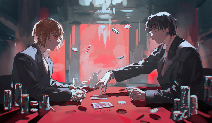 2boys black_eyes black_hair black_jacket black_suit blonde_hair card chain chrollo_lucilfer closed_mouth collared_shirt earrings formal hair_between_eyes headband highres hunter_x_hunter indoors jacket jewelry kurapika long_sleeves looking_at_another male_focus mei_ren multiple_boys parted_bangs playing_card poker poker_chip poker_table red_eyes shadow shirt sidelocks sitting smile solo suit table upper_body white_shirt