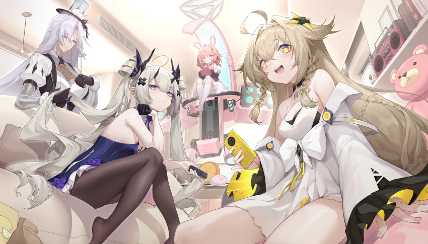 4girls absurdres ahoge animal_ears black_pantyhose blonde_hair blue_dress blue_eyes braid cellphone character_request controller copyright_request cross_hair_ornament dress drill_hair glasses hair_ornament hair_ribbon hat highres incredibly_absurdres long_hair multiple_girls open_mouth pantyhose phone pink_hair rabbit_ears remote_control ribbon shanyao_jiang_tororo sitting socks stuffed_animal stuffed_toy teddy_bear teeth top_hat twin_braids twintails upper_teeth_only violet_eyes white_dress white_hair white_ribbon white_socks yellow_eyes yellow_ribbon