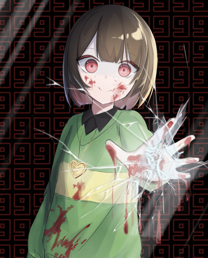 1other against_fourth_wall androgynous arm_at_side black_background black_shirt black_undershirt blood blood_on_clothes blood_on_face blood_on_hands blood_splatter blunt_bangs blunt_ends bob_cut breaking brown_hair chara_(undertale) closed_mouth collared_shirt commentary constricted_pupils crack cracked_glass crazy_eyes dripping fourth_wall glass gold_necklace green_sweater heart heart_necklace heart_pendant highres jewelry locket long_sleeves looking_at_viewer necklace number_background pendant reaching reaching_towards_viewer red_background red_eyes ringed_eyes shirt single_horizontal_stripe smile solo spoilers sweater two-tone_background umasuki undertale upper_body v-neck wide-eyed yellow_sweater