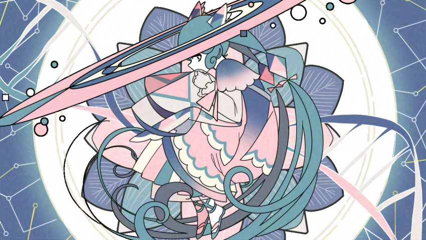 1girl aqua_hair blue_dress colored_skin constellation dna double_helix dress fetal_position flower from_side gradient_dress hair_ornament hatsune_miku long_dress long_hair long_sleeves machigami_yoh multicolored_clothes multicolored_dress own_hands_together pink_dress pink_flower profile sandals solo twintails very_long_hair vocaloid white_skin