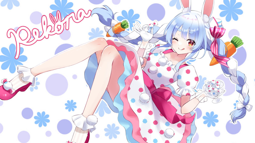1girl ;q animal_ear_fluff animal_ears blue_hair bow braid candy carrot_hair_ornament character_name dress food food-themed_hair_ornament gloves hair_bow hair_ornament hair_ribbon highres holding holding_candy holding_food hololive layered_dress long_hair multicolored_hair one_eye_closed pink_footwear pink_ribbon pom_pom_(clothes) rabbit_ears rabbit_girl red_eyes ribbon short_eyebrows solo striped striped_ribbon tongue tongue_out twin_braids two-tone_hair uni_(wzzm4375) usada_pekora virtual_youtuber white_bow white_dress white_gloves white_hair wrapped_candy