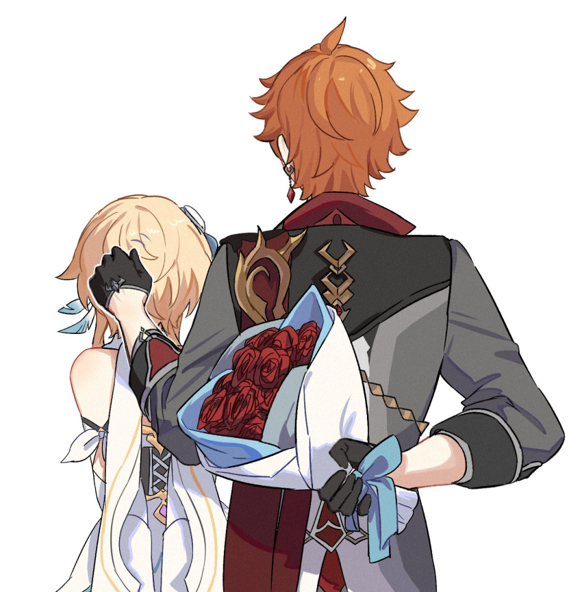 1boy 1girl ahoge arm_behind_back back bare_shoulders black_gloves blonde_hair blue_bow bouquet bow cape crying crystal_earrings detached_sleeves dress earrings feather_hair_ornament feathers flower genshin_impact gloves grey_jacket hair_flower hair_ornament hand_on_another's_head hands_up hetero highres holding holding_bouquet jacket jewelry long_sleeves lumine_(genshin_impact) orange_hair red_cape red_flower red_rose red_shirt ribbon rose shirt short_hair short_hair_with_long_locks sidelocks simple_background single_earring standing stars4993 tartaglia_(genshin_impact) white_background white_dress white_flower white_ribbon