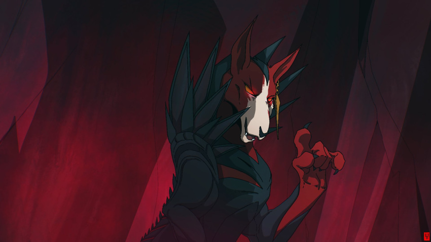 armor be_prepared_(song) black_armor cave claws colored_skin derivative_work earrings highres jewelry league_of_legends looking_down naafiri open_mouth paw_up red_eyes red_skin scar_(the_lion_king) screencap_redraw signature solo teeth the_lion_king victor_li_(victorli_ran)