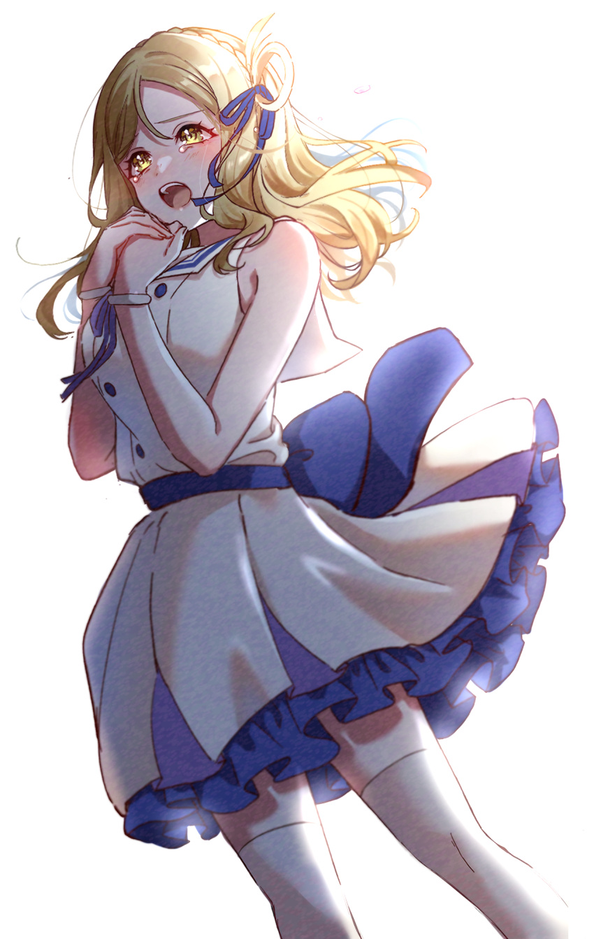 1girl back_bow blonde_hair blue_ribbon bow bracelet braid crown_braid dress hair_ribbon highres jewelry long_hair love_live! love_live!_sunshine!! nky4321 ohara_mari open_mouth own_hands_together ribbon short_dress sidelighting simple_background single_bang single_hair_ring sleeveless sleeveless_dress solo tears teeth thigh-highs upper_teeth_only white_background white_dress white_thighhighs yellow_eyes