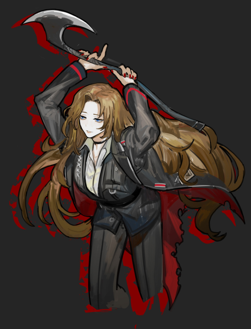 1girl axe black_background black_jacket black_pants black_vest brown_hair collared_shirt highres holding holding_axe jacket limbus_company long_hair nishikujic pants parted_bangs project_moon red_nails rodion_(limbus_company) shirt sidelocks simple_background solo very_long_hair vest white_shirt