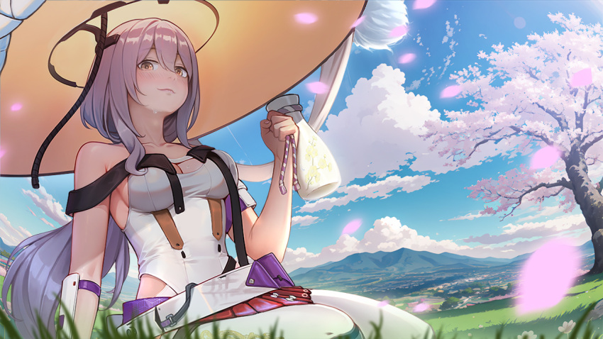 1girl alcohol armor bare_shoulders blush cherry_blossoms closed_mouth clothing_cutout clouds goddess_of_victory:_nikke grass grey_hair hair_between_eyes hat holding japanese_armor large_hat leotard long_hair looking_at_viewer mountainous_horizon on_grass scarlet_(nikke) sky solo songjo white_leotard yellow_eyes