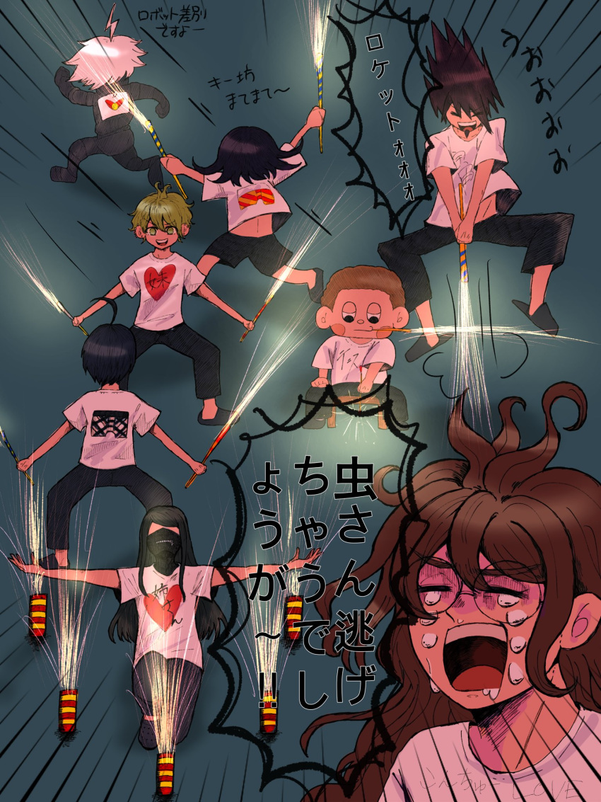 6+boys ahoge alternate_costume amami_rantaro antenna_hair black_pants blush_stickers brown_hair closed_mouth crying danganronpa_(series) danganronpa_v3:_killing_harmony fireworks flipped_hair glasses gokuhara_gonta green_background green_hair grey_hair heart heart_print highres hoshi_ryoma k1-b0 male_focus medium_hair messy_hair momota_kaito multiple_boys oma_kokichi pants print_shirt round_eyewear running saihara_shuichi sake_daikon shinguji_korekiyo shirt short_sleeves shorts sitting speech_bubble tears teeth translation_request white_shirt