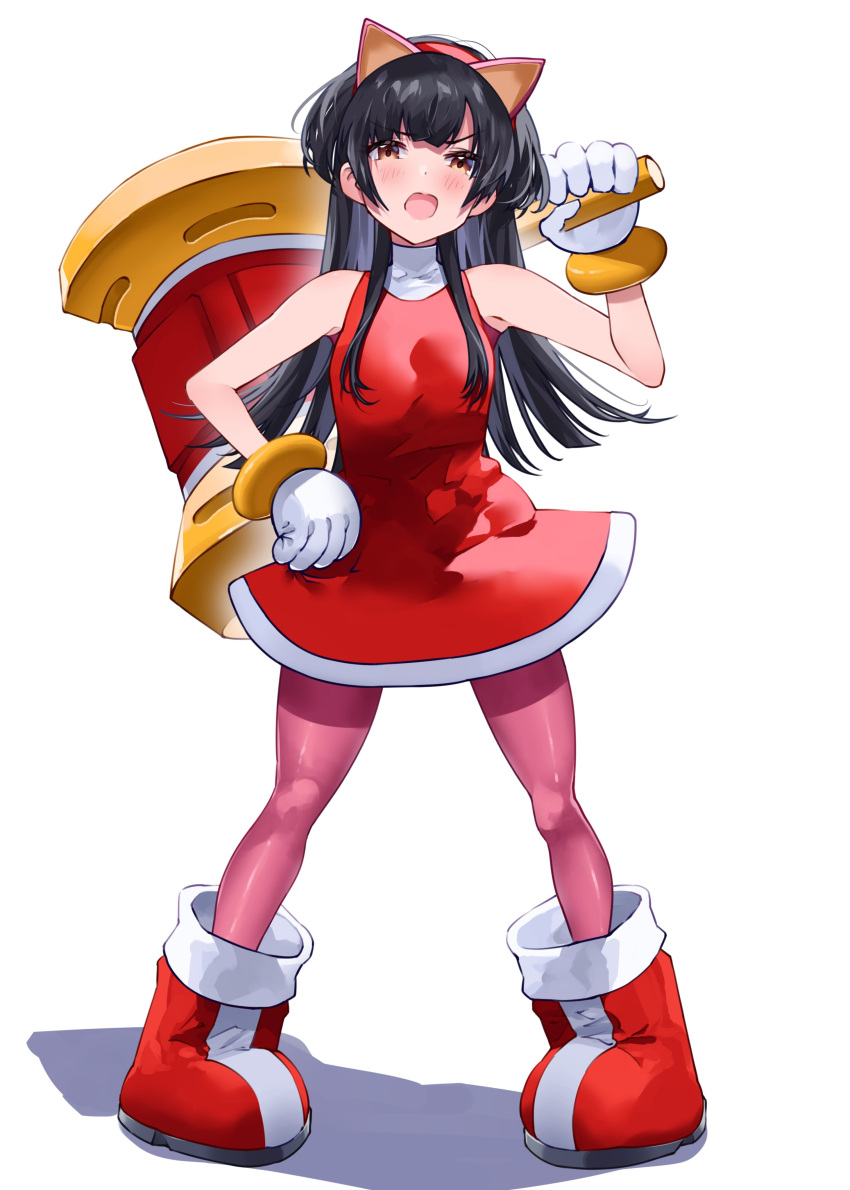 1girl absurdres amy_rose amy_rose_(cosplay) animal_ears bare_shoulders black_hair blunt_bangs blush boots breasts brown_eyes clenched_hand cosplay dot_nose dress fake_animal_ears full_body gloves hairband hammer hand_on_own_hip highres holding holding_hammer idolmaster idolmaster_shiny_colors long_hair looking_at_viewer mayuzumi_fuyuko medium_breasts open_mouth pantyhose pigeon-toed pink_pantyhose puni_(punycolors) red_dress red_footwear red_hairband shadow simple_background sleeveless sleeveless_dress solo sonic_(series) sonic_cd standing two_side_up v-shaped_eyebrows white_background white_gloves yellow_bracelet