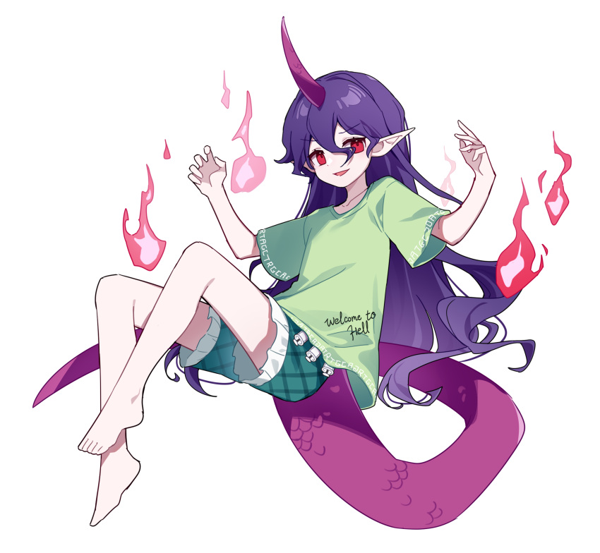 1girl arms_up barefoot bing_zizi clothes_writing commentary_request fire frilled_shorts frills full_body green_shirt green_shorts highres horns long_hair looking_at_viewer open_mouth pointy_ears purple_hair purple_horns red_horns revision shirt shorts simple_background single_horn smile solo t-shirt tenkajin_chiyari touhou unfinished_dream_of_all_living_ghost very_long_hair white_background