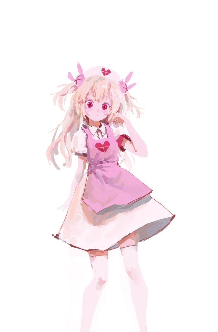 &gt;_&lt; 1girl absurdres apron armband blonde_hair collared_dress commentary dress hair_ornament hand_up hat heart heart_print highres long_hair looking_at_viewer natori_sana nurse_cap pink_apron pink_headwear puffy_short_sleeves puffy_sleeves rabbit_hair_ornament red_armband red_eyes reddizen sana_channel short_sleeves simple_background solo standing thigh-highs two_side_up virtual_youtuber white_background white_dress white_thighhighs