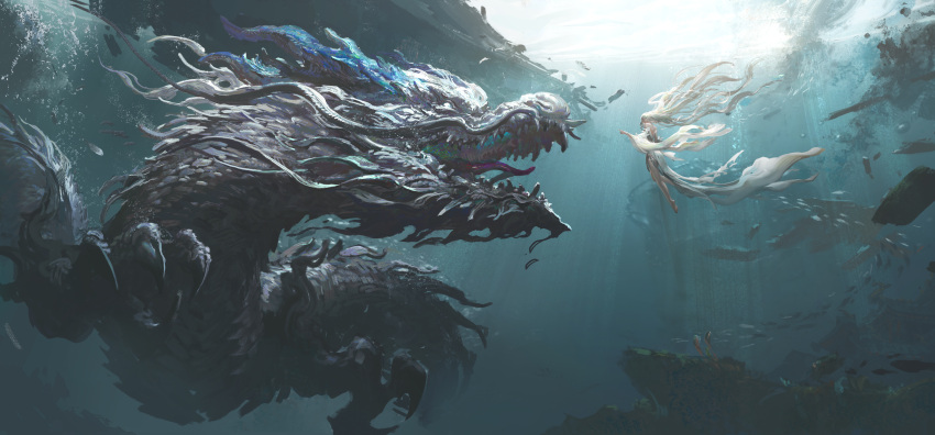 1girl absurdres chinese_clothes chinese_commentary colorful dragon dress eastern_dragon highres impasto leo-dont-want-to-be-a-painter long_hair original solo submerged very_long_hair water white_dress