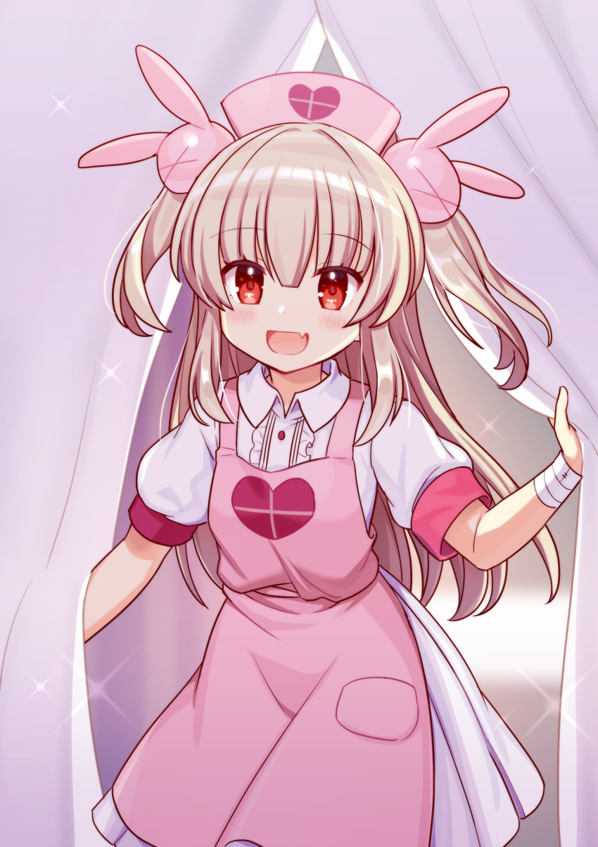 &gt;_&lt; 1girl :d absurdres apron armband bandaged_wrist bandages blush center_frills collared_dress curtain_grab curtains dress frills hair_ornament hat heart heart_print highres hoshikawa_tefu light_brown_hair long_hair looking_at_viewer natori_sana nurse_cap open_mouth pink_apron pink_headwear pocket puffy_short_sleeves puffy_sleeves rabbit_hair_ornament red_armband red_eyes sana_channel short_sleeves smile solo sparkle standing two_side_up virtual_youtuber white_dress