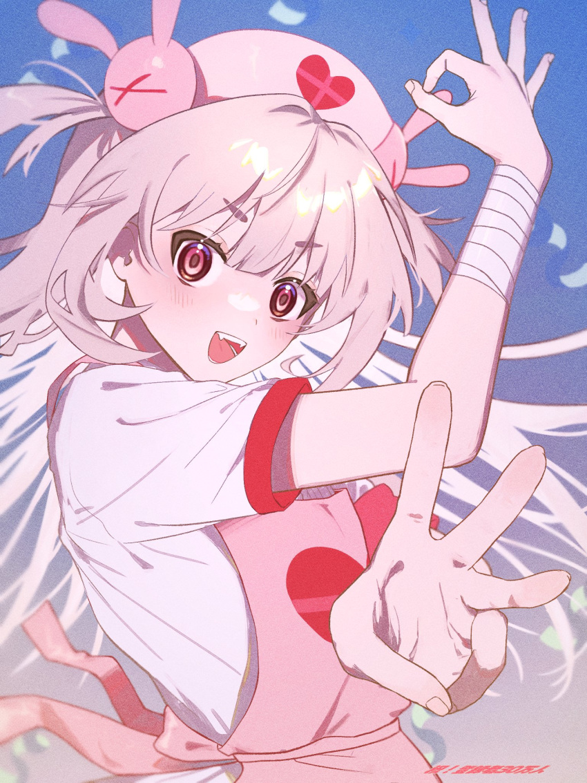 &gt;_&lt; 1girl :d apron bandaged_arm bandaged_wrist bandages blonde_hair blush dress fang hair_ornament hands_up hat heart heart_print highres long_hair looking_at_viewer natori_sana nllget nurse_cap ok_sign open_mouth pink_apron pink_headwear rabbit_hair_ornament red_eyes sana_channel short_sleeves smile solo two_side_up virtual_youtuber w white_dress