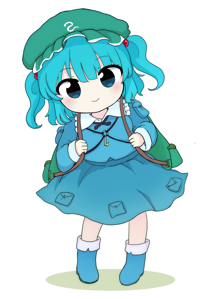 1girl backpack bag blue_eyes blue_footwear blue_hair blue_shirt blue_skirt boots closed_mouth collared_shirt flat_cap full_body green_headwear hair_bobbles hair_ornament hat highres kawashiro_nitori long_sleeves medium_hair rei_(tonbo0430) shirt simple_background skirt smile solo standing touhou two_side_up white_background