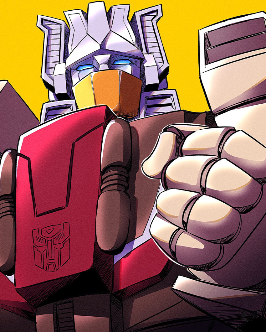 autobot blue_eyes chromedome clenched_hand glowing glowing_eyes highres kouteikoku_rk looking_up mecha no_humans portrait robot solo transformers transformers:_the_headmasters yellow_background