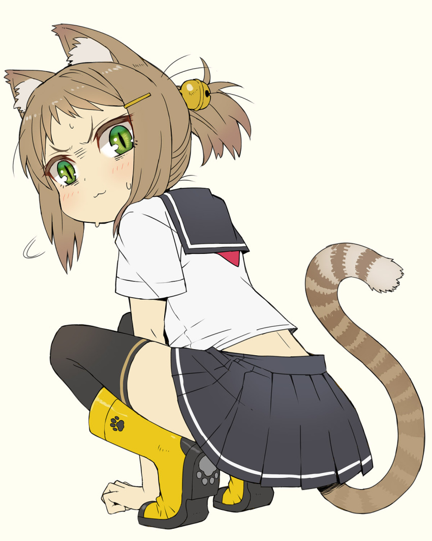 1girl :3 animal_ears boots brown_hair cat_ears cat_girl cat_tail green_eyes highres itou_(onsoku_tassha) original ponytail rubber_boots school_uniform serafuku simple_background solo squatting sweat tail thigh-highs