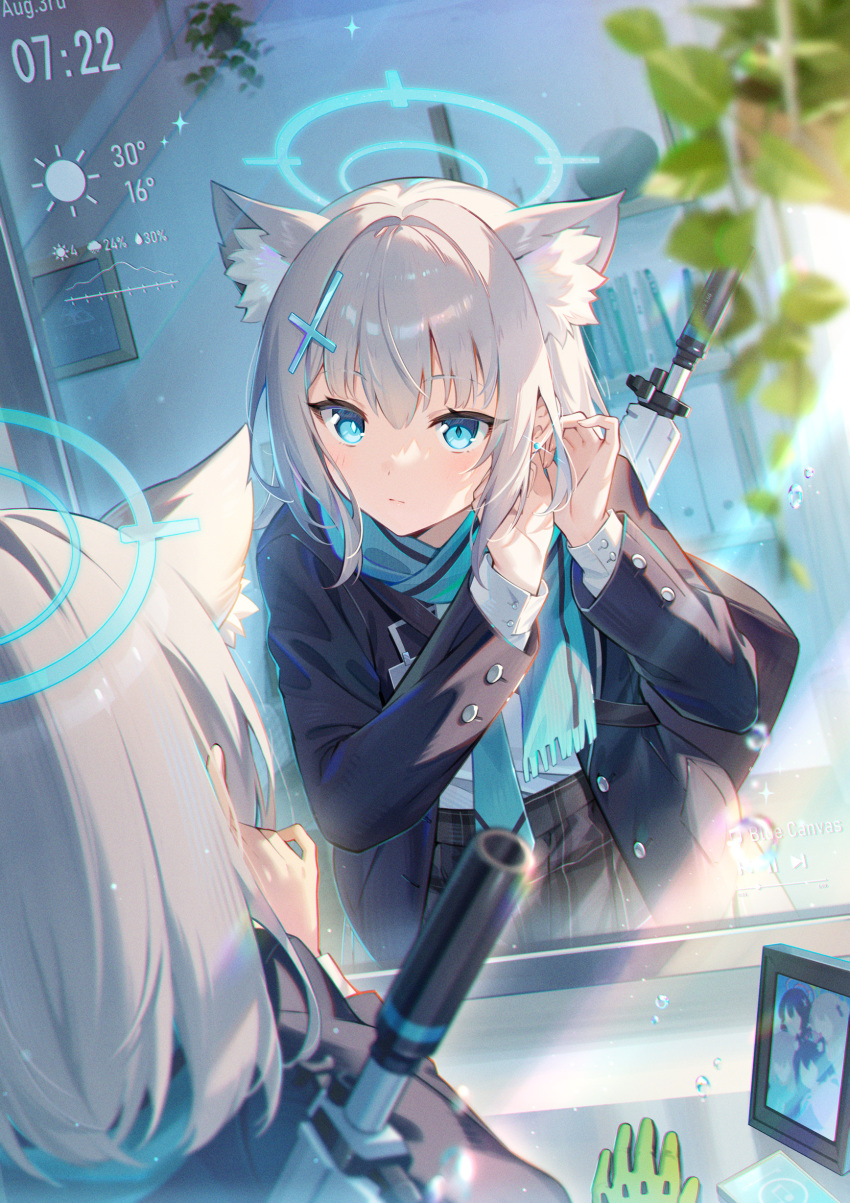 1girl absurdres animal_ears blue_archive buttons cross_hair_ornament earrings ekita_kuro extra_ears gloves green_gloves gun hair_ornament halo highres jacket jewelry long_sleeves mirror mismatched_pupils photo_(object) picture_frame plant reflection scarf shiroko_(blue_archive) shirt solo weapon white_shirt wolf_ears