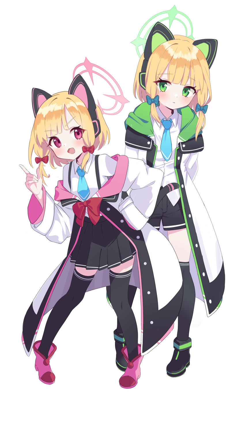 2girls absurdres animal_ear_headphones animal_ears arms_behind_back black_footwear black_shorts black_skirt black_thighhighs blonde_hair blue_archive blue_bow blue_necktie bow cat_ear_headphones closed_mouth fake_animal_ears full_body green_eyes green_halo hair_bow halo hand_on_own_hip headphones highres index_finger_raised jacket long_sleeves looking_at_viewer midori_(blue_archive) momoi_(blue_archive) multiple_girls necktie open_mouth pink_footwear pink_halo pleated_skirt qusouzu_mogari red_bow red_eyes shirt shoes short_hair shorts siblings simple_background sisters skirt standing tail thigh-highs twins white_background white_jacket white_shirt zettai_ryouiki